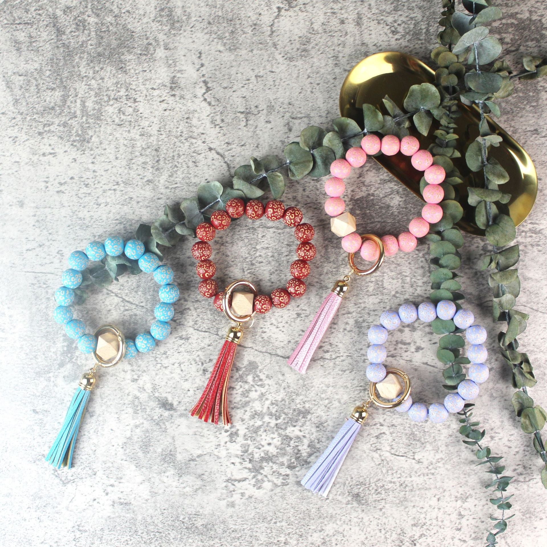 Wholesale Leopard Pattern Wood Bead Leather Tassel Pendant Wrist Keychain